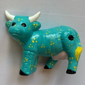 Vintage Duncan Enterprises 1986 Hand Painted Turquoise Ceramic Cow Figurine
